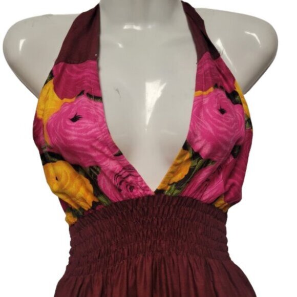 Halter Colorful Dress Summer Halter Dress in Pink Orange and Maroon Floral Print - Picture 3 of 15